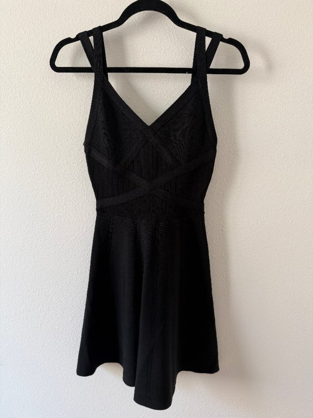 GUESS Black Mini Dress, Strappy V-Neck Fit & Flare Dress, Size S